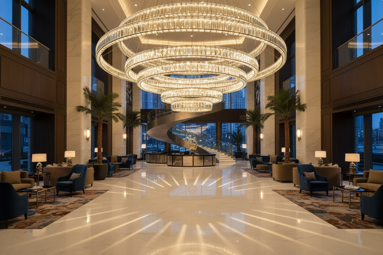 Crystal Halo Chandelier – Luxury Hotel Lobby