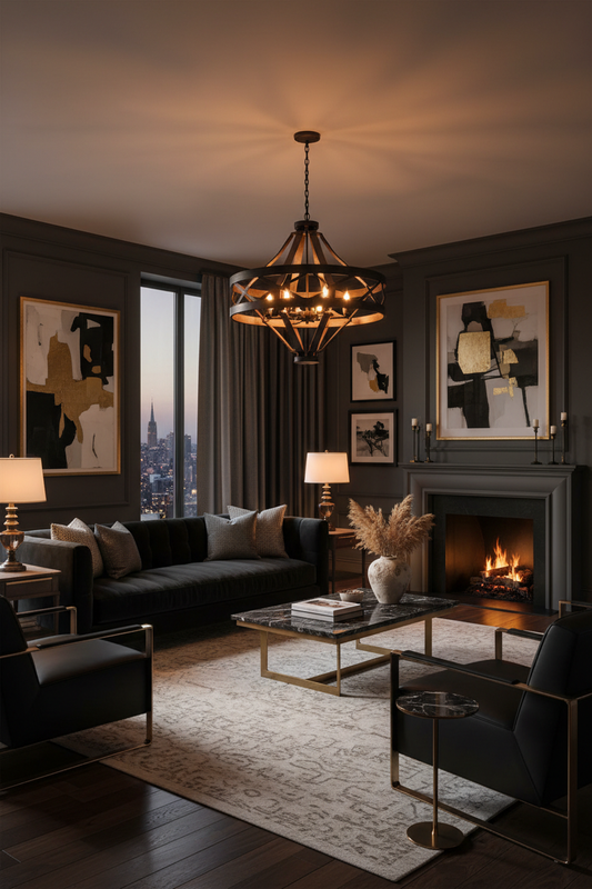 Elegant Hanging Light in Black Luxury Living Room
